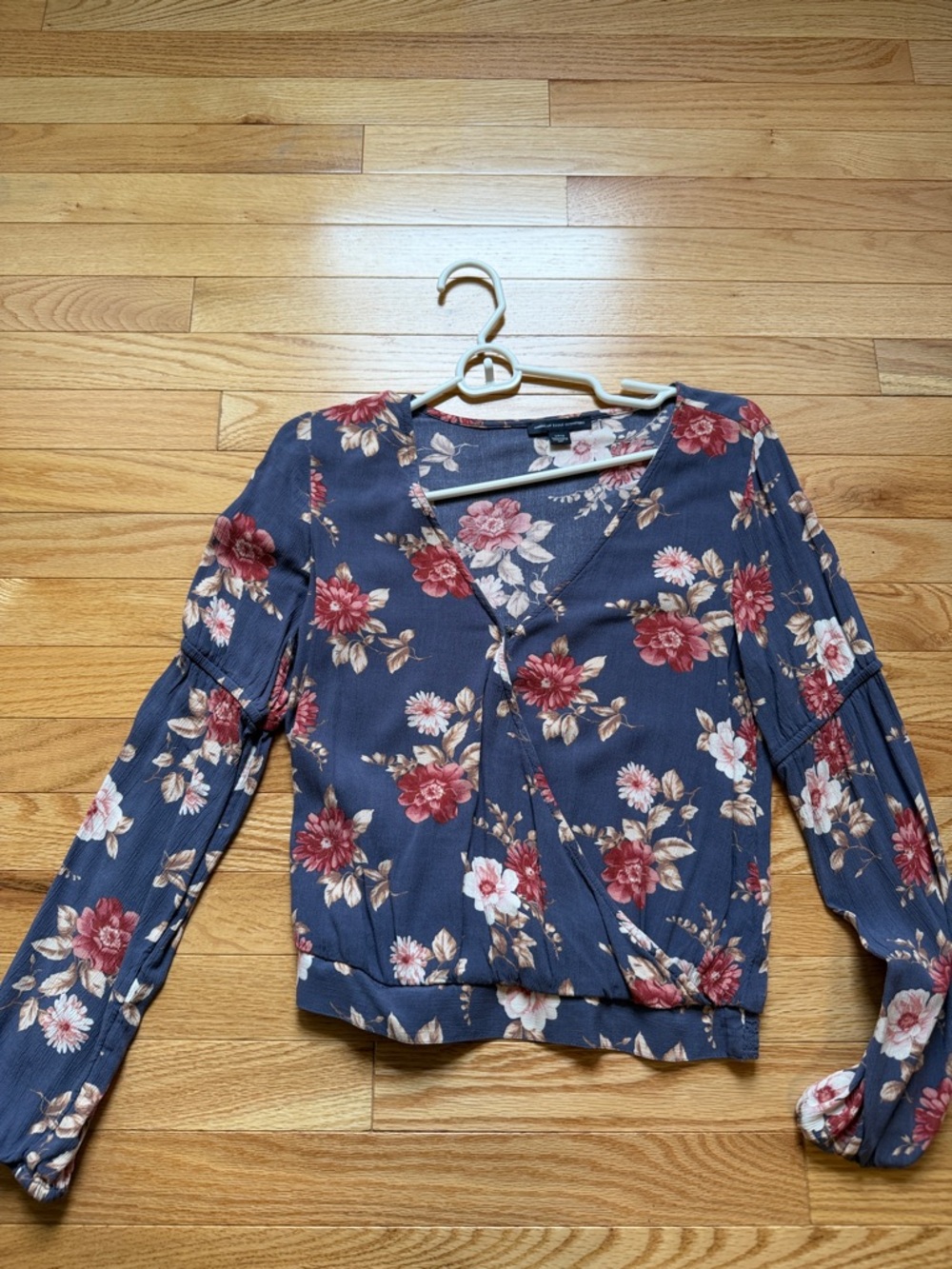 American Eagle Outfitters Navy Floral Wrap Blouse with Rose Accents